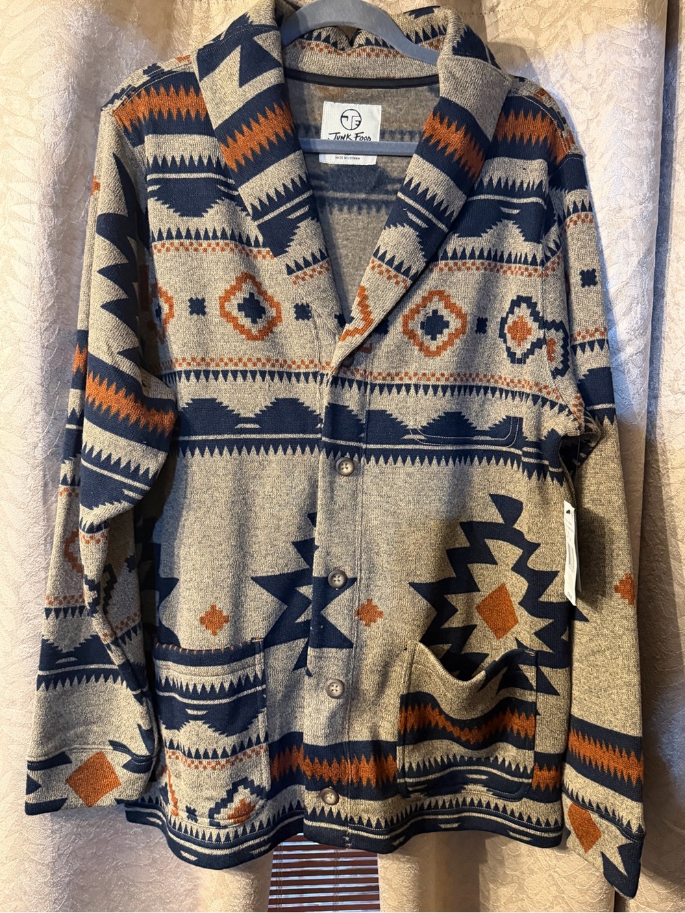 New! Men's Shawl Collar Aztec Knit Sweater - Gray & Navy with Rust Accents